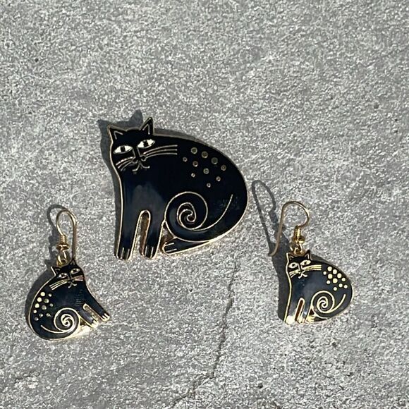 Laurel Burch vintage Keshire cat earring and brooch set like new black - Picture 1 of 5